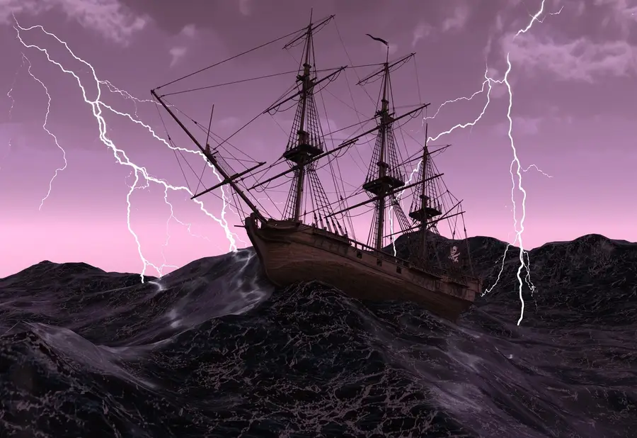 A sailing ship battling through a stormy sea